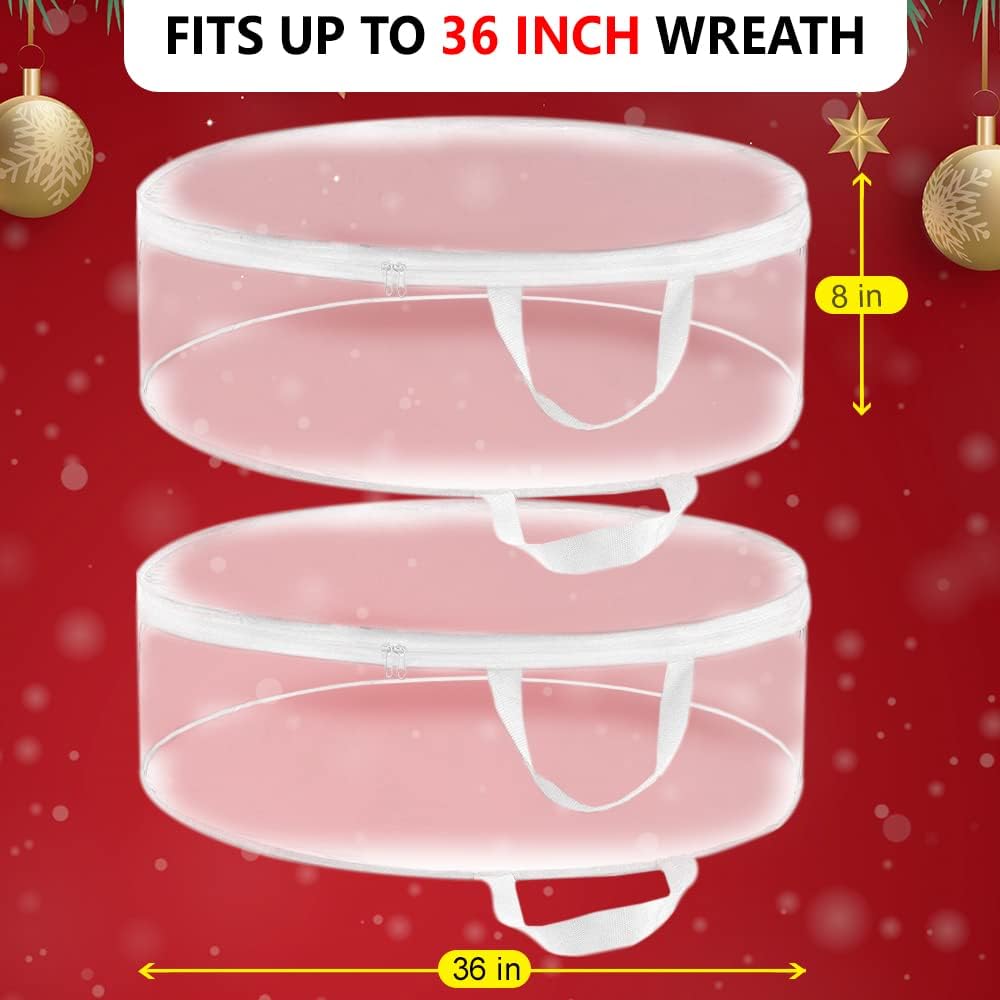ProPik Christmas Wreath Storage Bag 36 - 2 Pack Clear Christmas Wreath Storage Container- Garland Artificial Holiday Wreath Storage Holder - Water Proof Transparent PVC with Handles (36 Inch. White) - Image 2