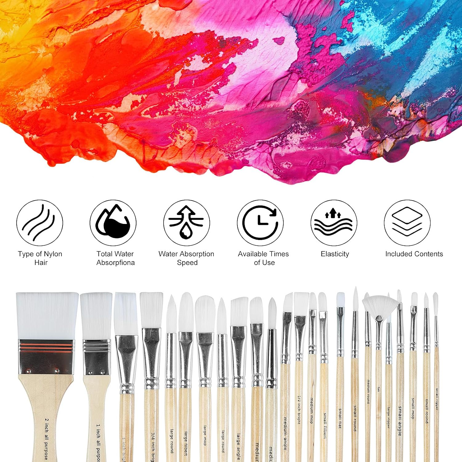 Paint Brushes Set of 24 Pieces Wooden Handles Brushes with Canvas Brush Case. Professional for Oil. Acrylic and Watercolor Painting - Image 3